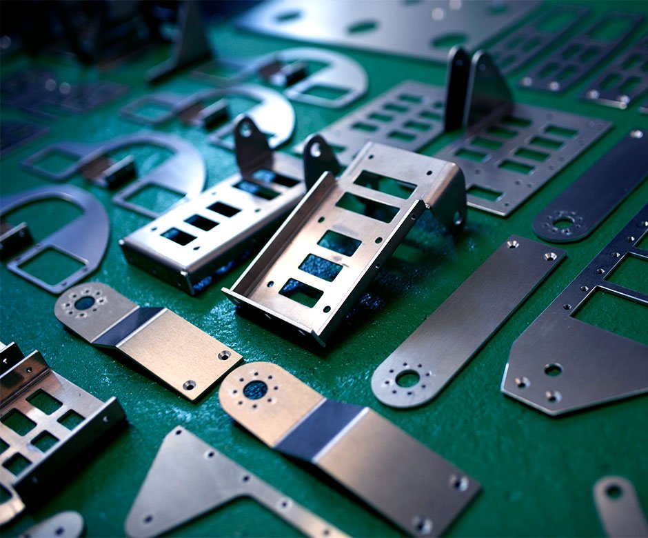 Cut and formed metal components laid out on a work surface
